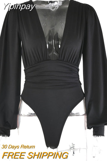 Yipinpay Black V Neck Sexy Bodysuit Women Puff Sleeve Bodycon Short Jumpsuit Body Femme Summer Casual Party Bodysuits Body Tops